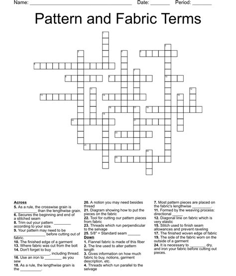 Patterned fabrics crossword - Answers for PATTERNED FABRICS crossword clue. Search for crossword clues found in the NY Times, Daily Celebrity, Daily Mirror, Telegraph and major publications. ... We have found 2 Answer (s) for the Clue „Patterned fabrics“. Try to find some letters, so you can find your solution more easily. If you've got another answer, it would be kind ...